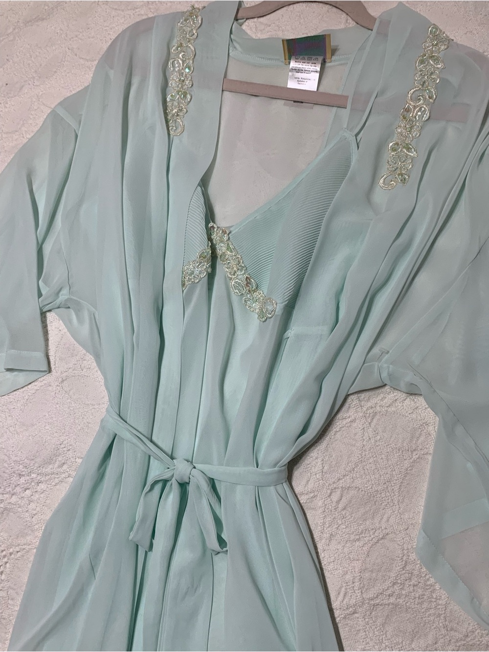 Expressions Sheer Mint Green Lace-Trim Robe&Sheer Slip set ( 2 piece) - Picture 2 of 9